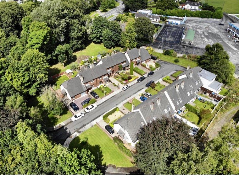 Aerial view of the houses arranged around the shared parking court